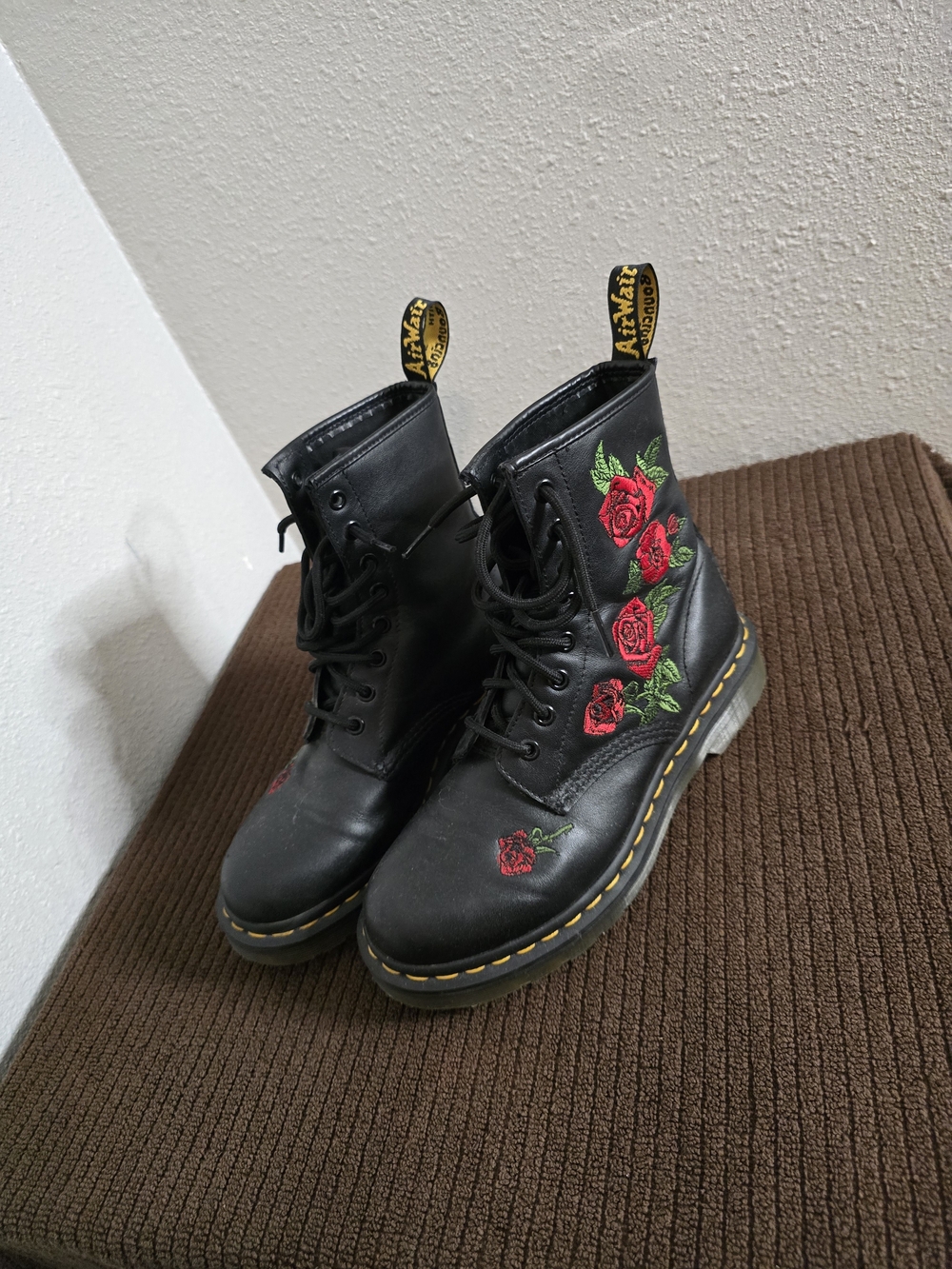 Dr. Martens Black Lace-Up Boots with Red Rose Embroidery